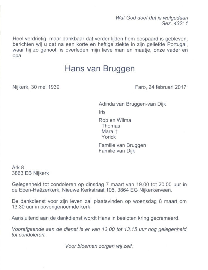 rouwkaart Hans van Bruggen